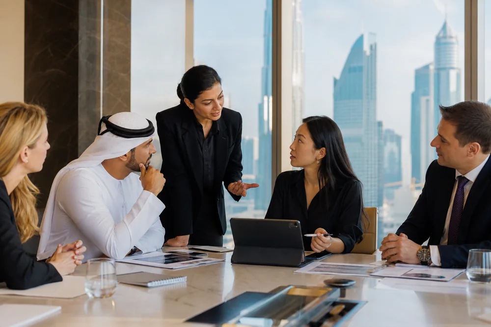 A business meeting in a high-rise meeting room with a city skyline behind